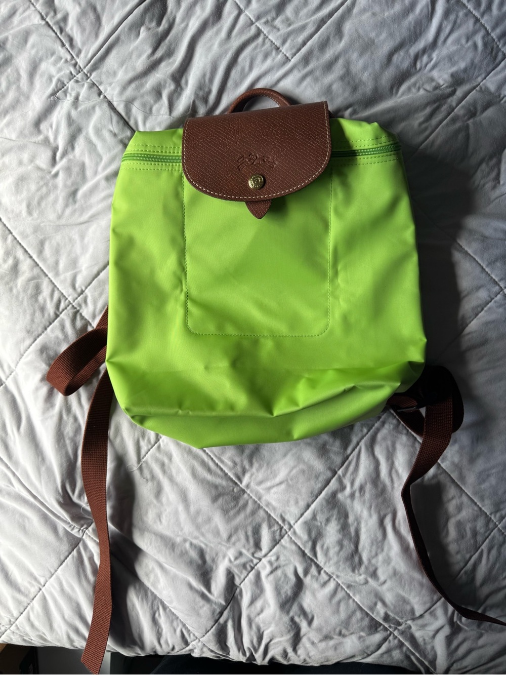 Longchamp Lime Green Nylon Backpack with Brown Leather Flap
